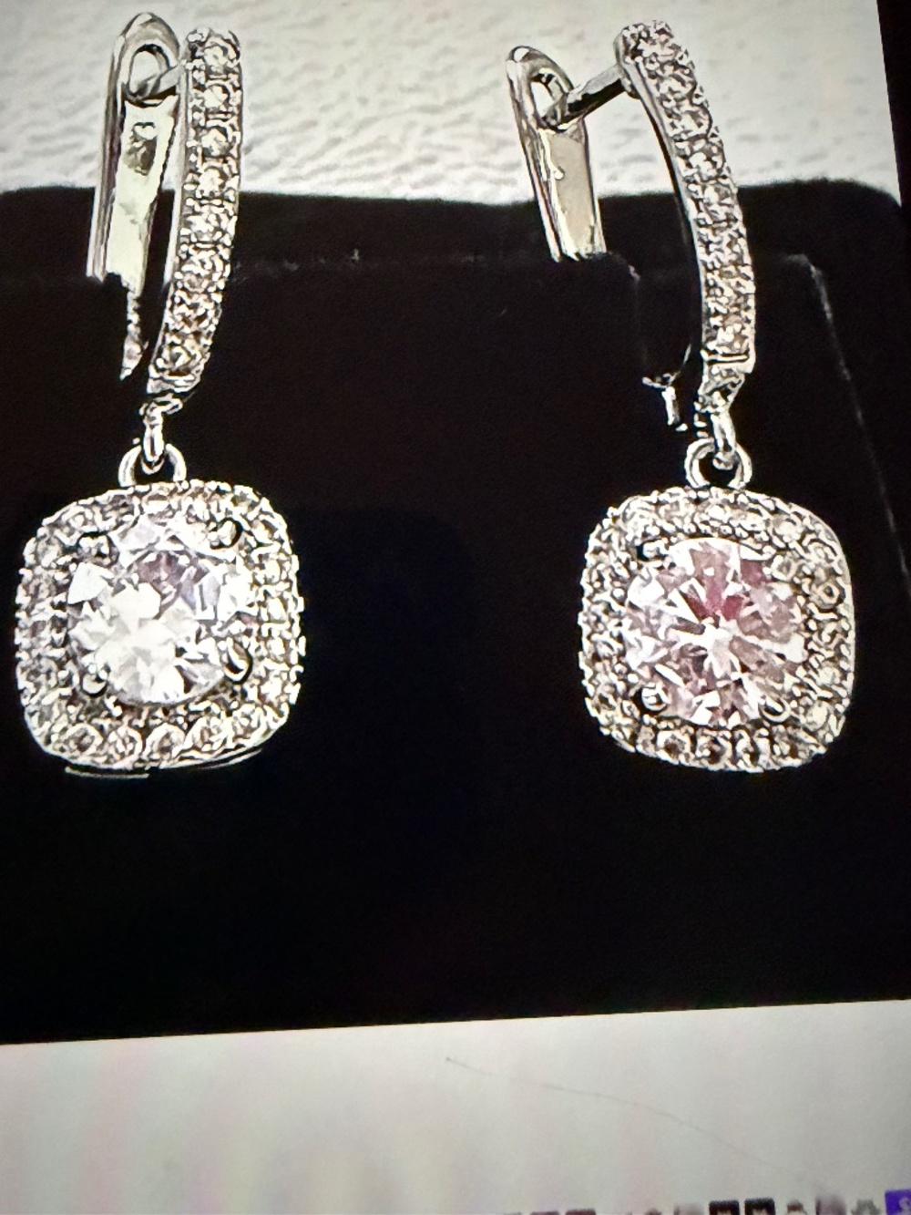 White Sapphire Halo Drop Earrings: 14kt White Gold Plated/Silver